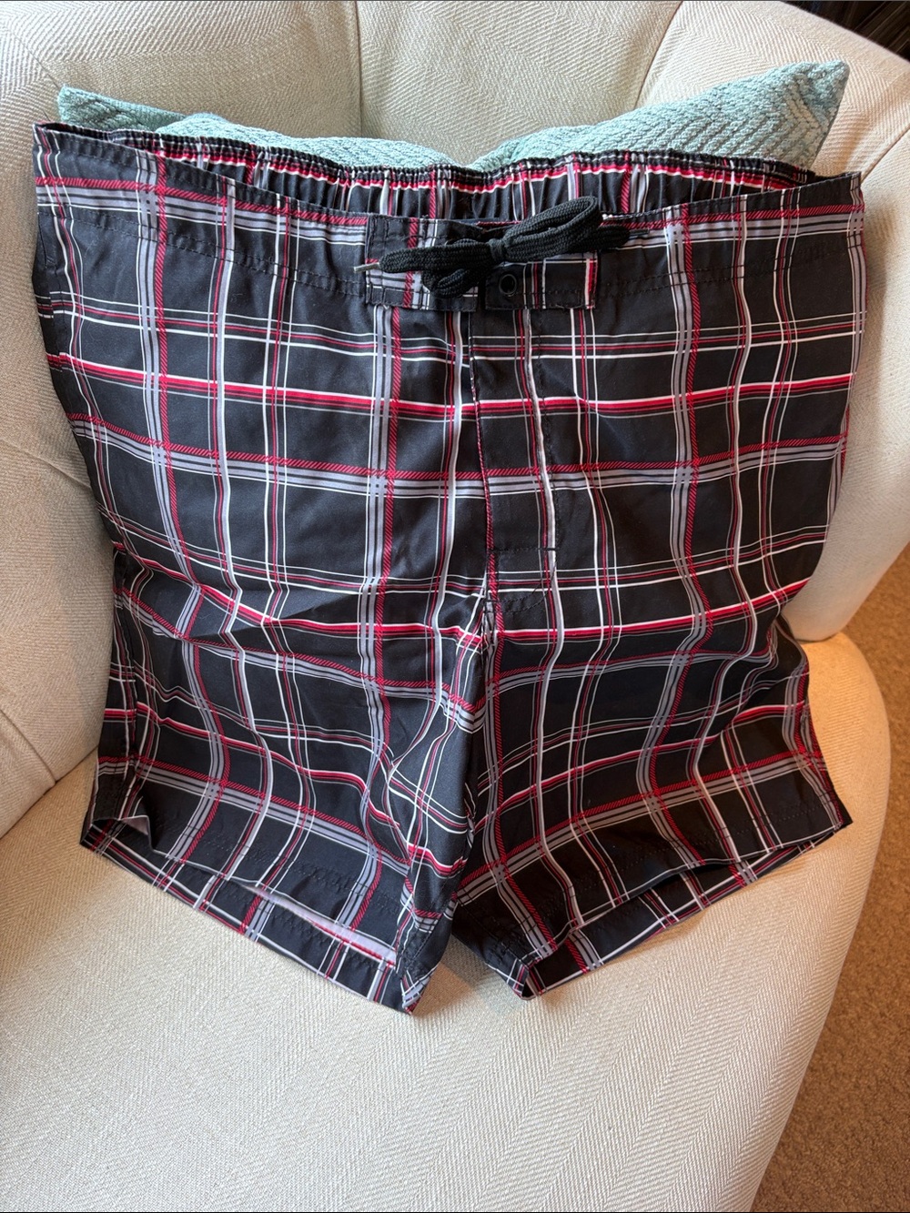 Men's Black Plaid Swim Trunks with Red & White Windowpane